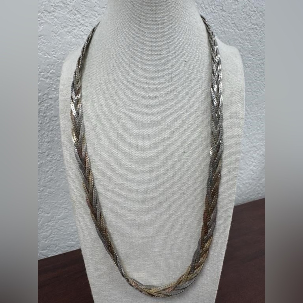 Vintage Tri-Tone Braided Herringbone Chain Necklace Gold, Silver & Rose Tone 24”